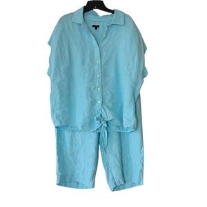Talbots 2 Piece 100% Linen Baby Blue Tie Front Button Top Cropped Wide Leg Pants